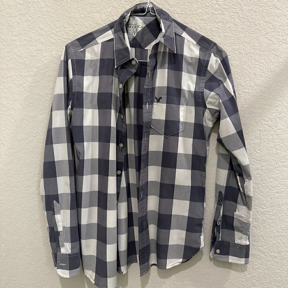 American Eagle Men's Gray White Athletic Fit Checked Shirt Size X-Small